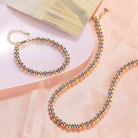 Parure De Bijoux Collier Et Bracelet En Perles Métalliques Tricolores Élégant Or Argent Or Rose Minimaliste Pour Femmes