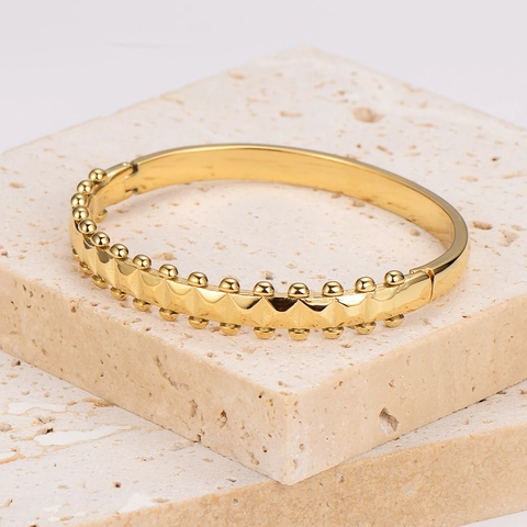 Stainless Steel Gold Plated Hinged Cuff Bangle Bracelet With Pyramid Studs And Round Beads Punk Geometric Jewelry