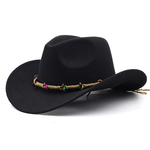 Western Cowboy Hat Polyester Felt Wide Brim With Colorful Bead Braided Belt Vintage Ethnic Jazz Hat For Men Women