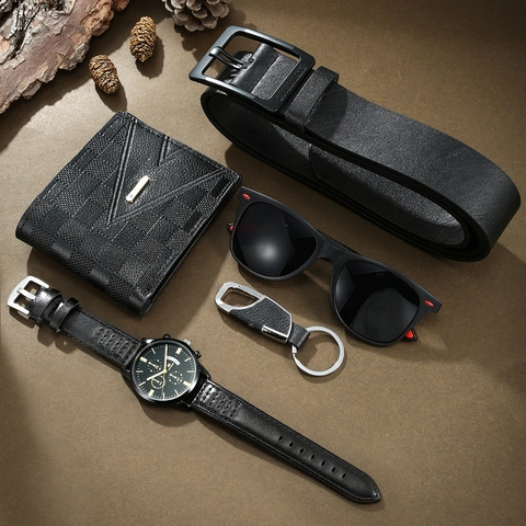 Montre à Quartz Mode Affaires pour Hommes Ceinture en Similicuir Portefeuille Lunettes de Soleil Porte-clés Articles de Cadeau