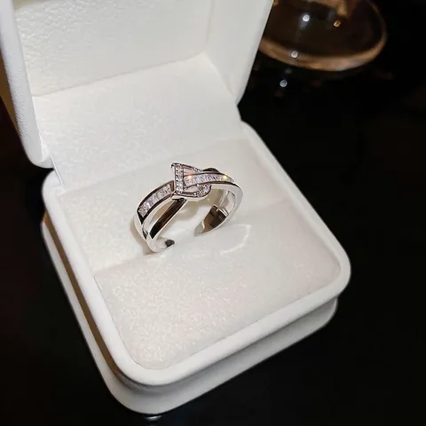 Anello Aperto A Doppio Strato Per Donna Rame Zircone Incastonato Lettera Geometrico Regolabile Gioielli Alla Moda