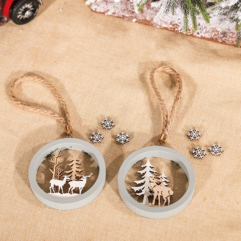 Ornamento Appeso In Legno Di Natale Rotondo Cavo Taglio Laser Alce Renna Pino Rustico Naturale Nordico Decorazione