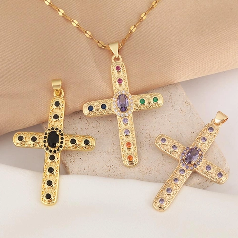 Collana Con Ciondolo A Croce In Rame Placcato Oro Con Zirconi Colorati Smalto Gioielli Di Moda Vintage Per Donna