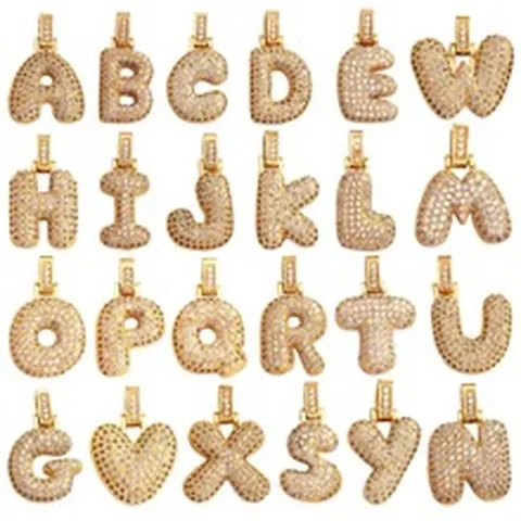 Iced Out Bubble Initial Letter Pendant Necklace Alloy Zircon Gold Tone Hip Hop Fashion Jewelry For Women