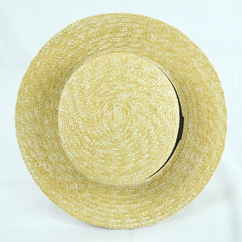 Boater Hat Natural Wheat Straw Wide Brim Sun Protection Summer Beach Vacation Vintage Elegant Flat Top With Black Ribbon