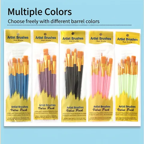 Artist Paint Brushes Nylon Hair Professional Watercolor Oil Acrylic Painting Drawing Multipurpose Colorful Plastic Handle