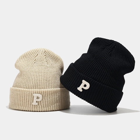 Knitted Beanie Hat Acrylic Ribbed Warm Windproof Winter Outdoor Letter P Patch Streetwear Unisex Cuffed Skull Cap