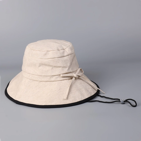 Chapeau Cloche Style Japonais Coton Lin Femmes Large Bord Protection Solaire Pliable Color Block Nœud Corde
