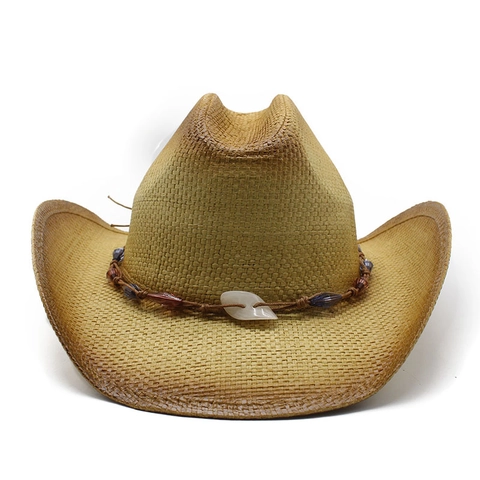 Western Cowboy Straw Hat For Women Ombre Paper Braided Sun Protection Beach Cap With Beaded Shell Band Retro Style