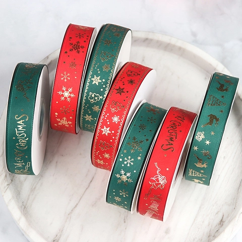 Christmas Grosgrain Ribbon Gold Stamped Merry Christmas Tree Reindeer Snowflake Pattern For Gift Wrapping DIY Crafts