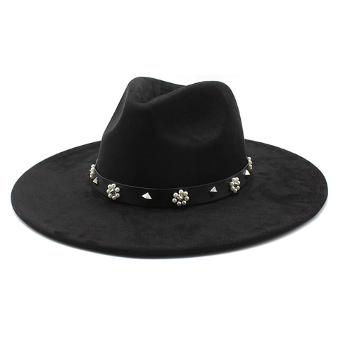 Wide Brim Fedora Hat Vintage Felt Jazz Cap With Artificial Pearl Flower And Metal Studs Decorative Belt For Women Bohemian