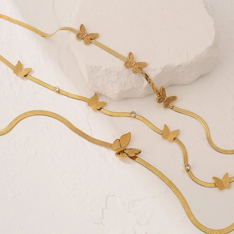 Fashion Stainless Steel Butterfly Pendant Snake Bone Chain Necklace Gold Plated Zirconia Animal Choker For Women Elegant Jewelry Gift