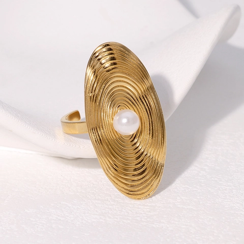 Anello Con Perla Artificial Minimalista Acciaio Inossidabile Ovale Trama Ondulata Anello Aperto Regolabile Gioielli Di Moda Per Donne