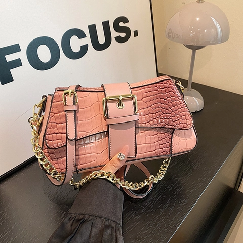 Borsa Sottobraccio Donna Motivo Coccodrillo Pelle PU Catena Dorata Patta Quadrata Borsa A Tracolla Moda Versatile