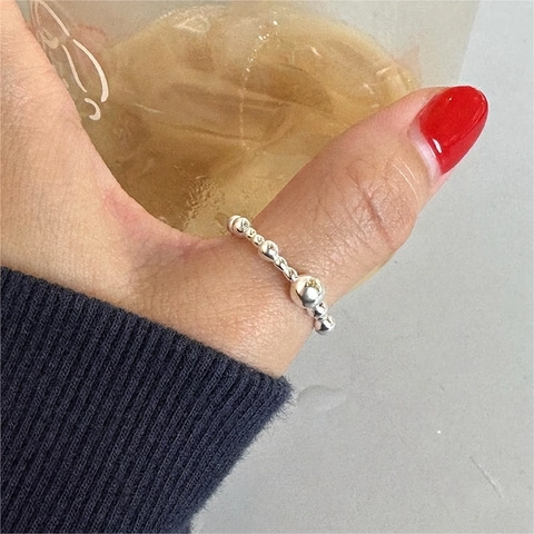 925 Sterling Silver Beaded Open Ring Adjustable Minimalist Korean Style Ball Bead Finger Jewelry For Women