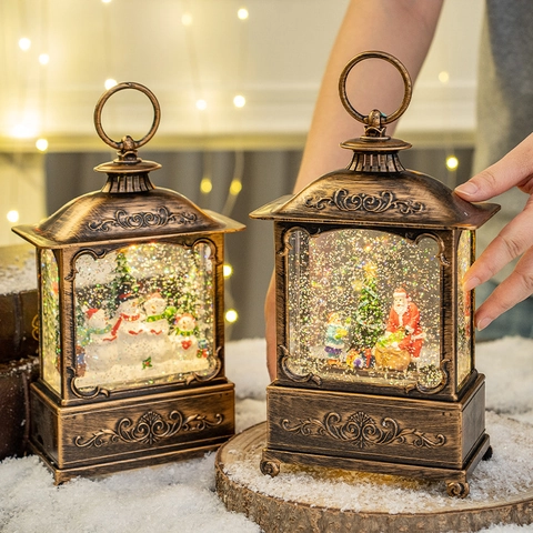 Christmas Snow Globe Lantern Lighted Water Glitter Music Box Vintage Bronze Finish Desktop Holiday Festive Ornament