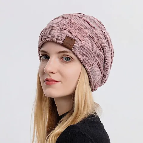 Knitted Beanie Hat Winter Warm Fleece Lined Grid Texture Outdoor Sport Slouchy Cap With Leather Patch For Women Men