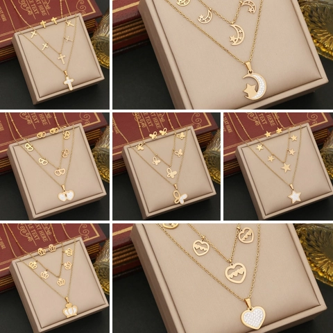 Collana A Doppio Strato E Orecchini Acciaio Inossidabile Placcato Oro Cuore Stella Luna Farfalla Strass Gioielli Moda Donna