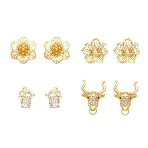 Pendientes De Tuerca Para Mujer Cobre Chapado En Oro 18K Circón Inset Animal Gato Ratón Cabeza Toro Flor Hueca Joyas