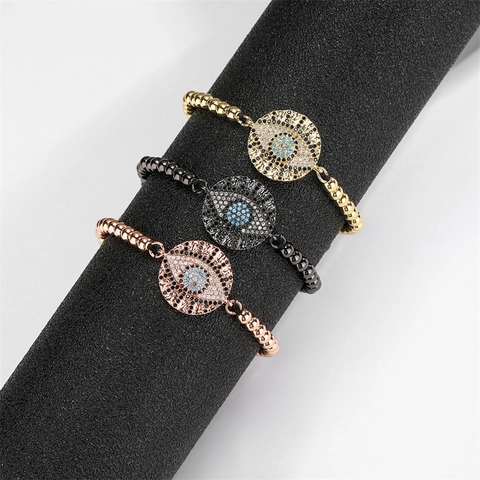 Evil Eye Armband Kupfer Perlen Micro Pave Zirkonia Verstellbar Geflochtenes Seil Bohemian Schmuck Damen Herren