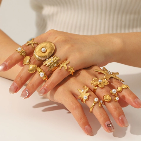 Starfish Shell Textured Open Ring Stainless Steel Gold Plated Imitation Artificial Pearl Adjustable Waterproof Beach Summer Jewelry For Women