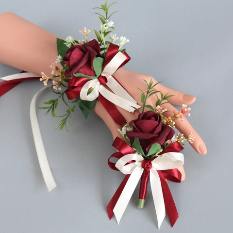 Boutonniere Y Flor De Muñeca De Rosa Artificial PE Color Vino Con Cinta De Raso Para Boda Baile De Graduación Y Eventos