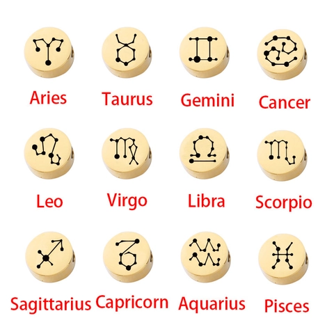 Zodiac Sign Round Beads 304 Stainless Steel Mirror Polished Constellation Charms For Jewelry Making DIY