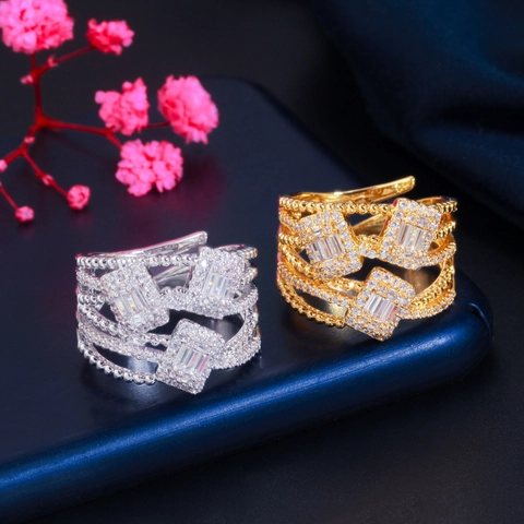 Luxury European Style Copper Open Ring With AAA Zirconia Micro-set Hollow Multilayer Design Gold Silver Jewelry For Women