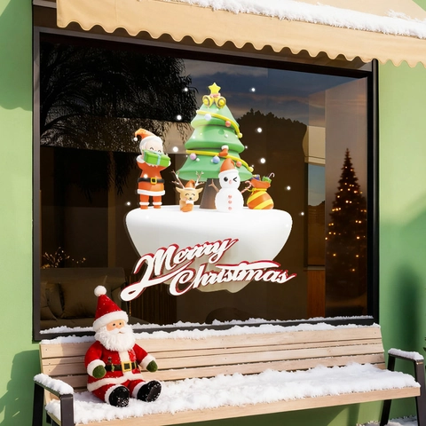 Pegatinas De Ventana De Navidad Adhesión Estática PVC 3D Dibujos Animados Papá Noel Reno Muñeco De Nieve Color Doble Cara