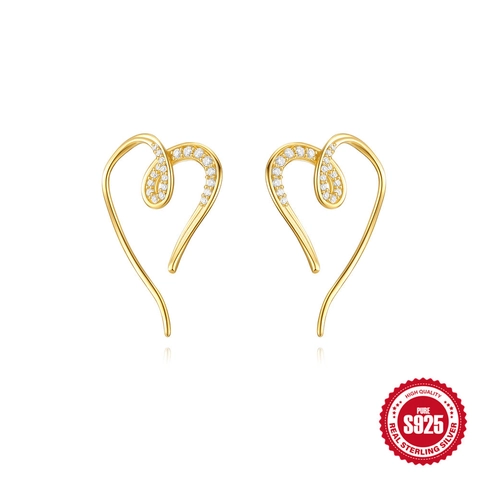 Pendientes de Línea de Corazón de Plata de Ley S925 Chapados en Oro para Mujer Pendientes Colgantes Metálicos con Circonia