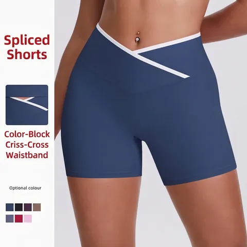 Ψηλόμεσο Σορτς Γιόγκα Crossover V-Front Αντίθεση Butt Lifting Workout Biker Shorts Γυναικείο Νάιλον Σπάντεξ Αθλητικό