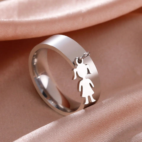 Stainless Steel Ring For Women Little Girl Silhouette Pendant Mirror Polished Band Ring Minimalist Fashion Jewelry Dainty Gift
