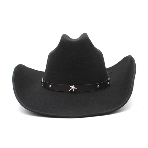Westerse Cowboyhoed Wollen Vilt Brede Rand Jazz Fedora Met Sternieten Leren Band Retro Outdoor Heren Dames