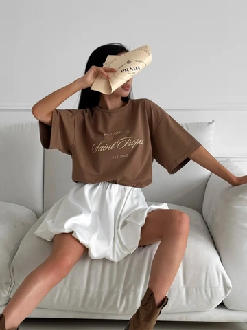 Damen Oversized Baumwolle T-Shirt Buchstaben Print Saint Tropez Vintage Drop Shoulder Rundhals Lässig Sommer Kurzarm Top