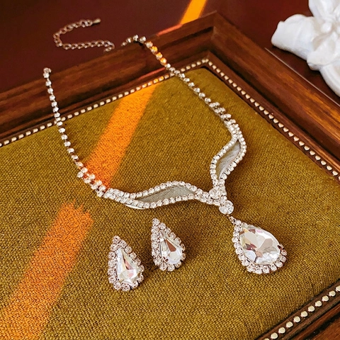 Collana E Orecchini Con Strass A Goccia D'acqua Gioielli In Rame Ciondolo A Forma Di Pera Lusso Francese Vintage Donna