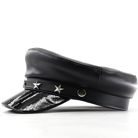 Cappello Da Marinaio Donna Pelle PU Tesa In Vernice Militare Rivetti Stella Metallo Argento Retro Punk Piatto Nero