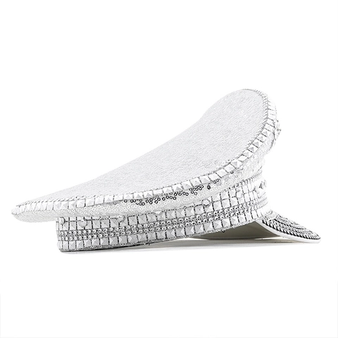 Cappello Da Capitano Con Paillettes Argentate Luccicanti Con Strass E Borchie Per Spettacoli Di Feste Di Festival Berretto Militare Di Lusso