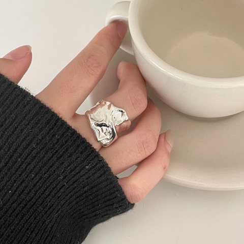 Irregular Molten Liquid Metal Wide Texture Ring 925 Sterling Silver Minimalist Ins Style Fashion For Women