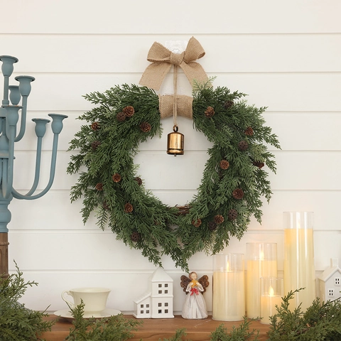 Christmas Wreath Garland Realistic Pine Needles Pinecones Burlap Bow Metal Bells Front Door Fireplace Wall Rustic Decor