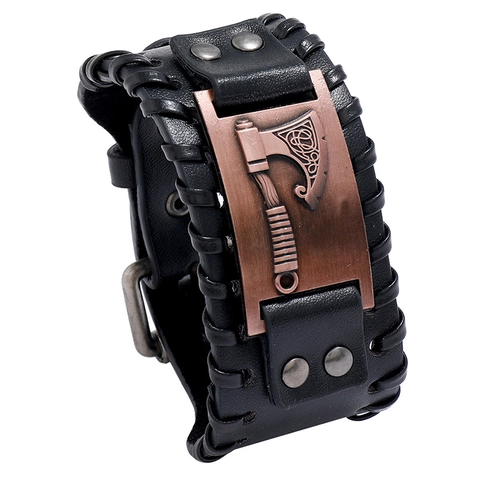 Bracciale Da Uomo Pelle PU Lega Ascia Vichinga Polsino Largo Intrecciato Punk Rock Stile Nordico Gioielli Retrò