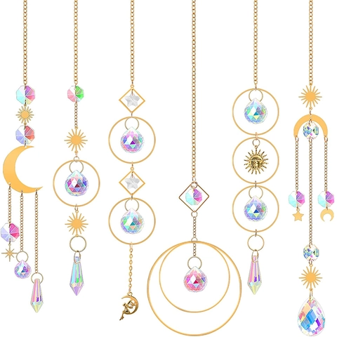 Crystal Suncatcher Hanging Ornament Gold Metal Celestial Sun Moon Star Rainbow Maker Window Garden Decor