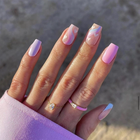 Sweet Heart Press On Nails Blue French Tip Wave Design Square Shape Fashionable Pastel False Nails For Women
