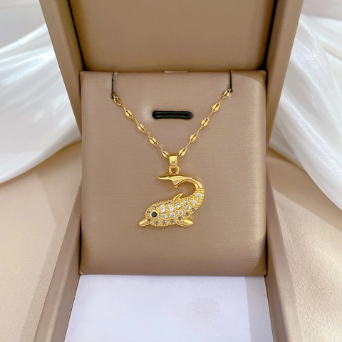 Dolphin Pendant Necklace Titanium Steel Chain And Copper Cubic Zirconia Inlaid Luxurious Sparkling Jewelry For Women