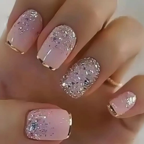 Pink Gradient Press On Nails French Square Artificial Nail Tips Silver Glitter Gold Edge For Women Girls