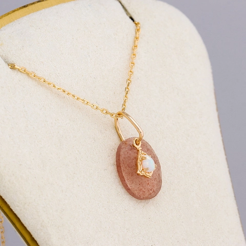 Strawberry Quartz Opal Pendant Necklace 925 Sterling Silver 14K Gold Plated Vintage Elegant Jewelry Gift For Women