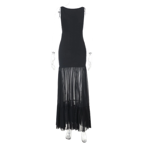 Vestido Maxi Sin Mangas Sexy Espalda Descubierta Cordones Malla Patchwork Dobladillo Sirena Color Sólido Ajustado Mujer
