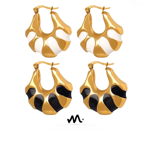 Vintage Titanium Steel 18K Gold Plated Enamel C-Shaped Hoop Earrings For Women Geometric Radial Ridge Fashion Jewelry