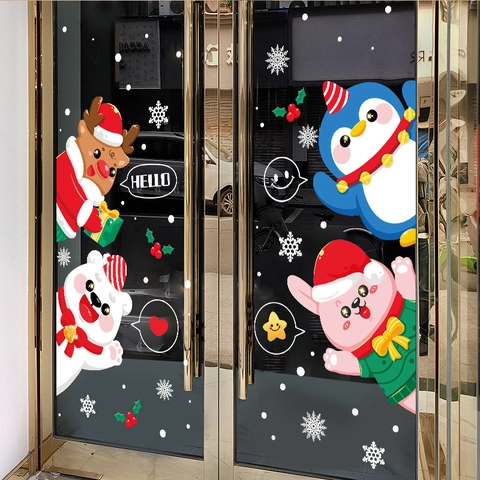 Pegatinas De Ventana De Navidad PVC Estático Reno Pingüino Oso Polar Dibujos Animados Calcomanías Tienda Vidrio Removible