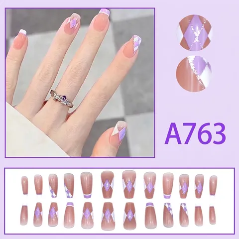 Press On Nails Long Coffin Light Purple Plaid French Tip Silver Glitter Lines Glossy Manicure For Women