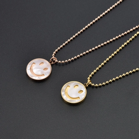 Smiley Face Pendant Necklace Titanium Steel White Mother Of Artificial Pearl Gold Plated Bead Chain Minimalist Jewelry For Women
